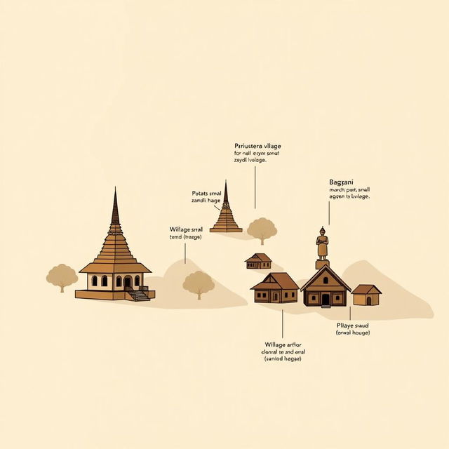 A shadow infographic in cartoon style, depicting the Bagan region of an ancient Myanmar village