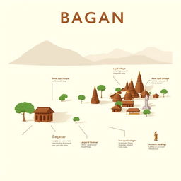 A shadow infographic in cartoon style, depicting the Bagan region of an ancient Myanmar village