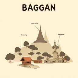 A shadow infographic in cartoon style, depicting the Bagan region of an ancient Myanmar village