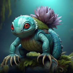 Create a lifelike image of a small quadruped with teal-blue skin, prominent red eyes and a large bulbous plant growing on its back that promises a future blooming flower.