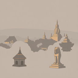 A shadowy infographic style cartoon of the Bagan region in an ancient Myanmar village, featuring a flat, cartoon-style small zaydi (stupa), traditional village houses, and a majestic lion statue