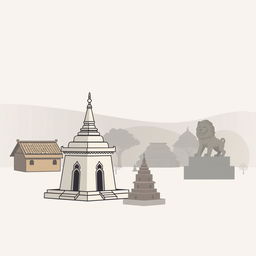 A shadowy infographic style cartoon of the Bagan region in an ancient Myanmar village, featuring a flat, cartoon-style small zaydi (stupa), traditional village houses, and a majestic lion statue