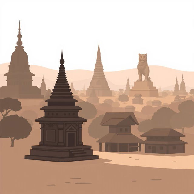 A shadowy infographic style cartoon of the Bagan region in an ancient Myanmar village, featuring a flat, cartoon-style small zaydi (stupa), traditional village houses, and a majestic lion statue