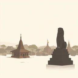 A shadowy infographic style cartoon of the Bagan region in an ancient Myanmar village, featuring a flat, cartoon-style small zaydi (stupa), traditional village houses, and a majestic lion statue