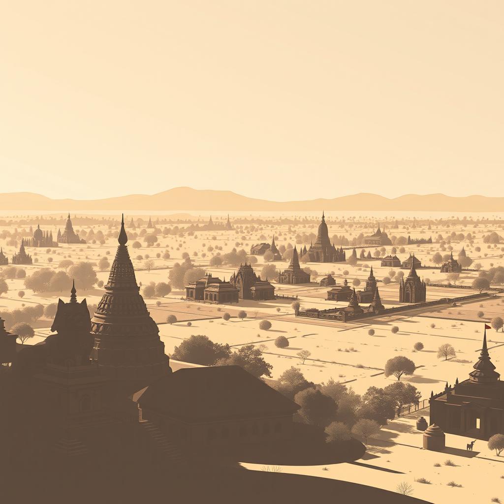 A shadow infographic style cartoon capturing the vast panorama of Bagan in an ancient Myanmar village