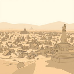 A shadow infographic style cartoon capturing the vast panorama of Bagan in an ancient Myanmar village