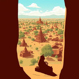 A shadow infographic style cartoon capturing the vast panorama of Bagan in an ancient Myanmar village