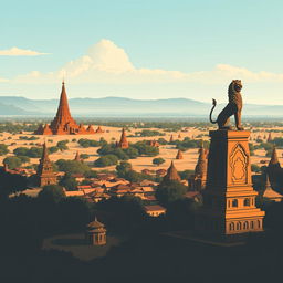 A shadow infographic style cartoon capturing the vast panorama of Bagan in an ancient Myanmar village