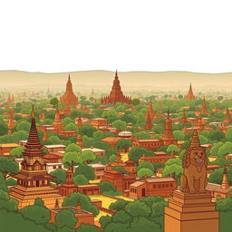 A cityscape of Bagan captured in a shadow infographic style cartoon, showcasing the expansive panorama of an ancient Myanmar village