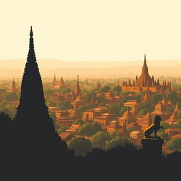 A cityscape of Bagan captured in a shadow infographic style cartoon, showcasing the expansive panorama of an ancient Myanmar village