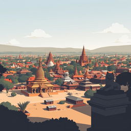 A cityscape of Bagan captured in a shadow infographic style cartoon, showcasing the expansive panorama of an ancient Myanmar village