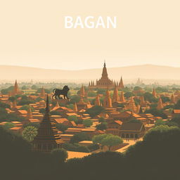 A cityscape of Bagan captured in a shadow infographic style cartoon, showcasing the expansive panorama of an ancient Myanmar village