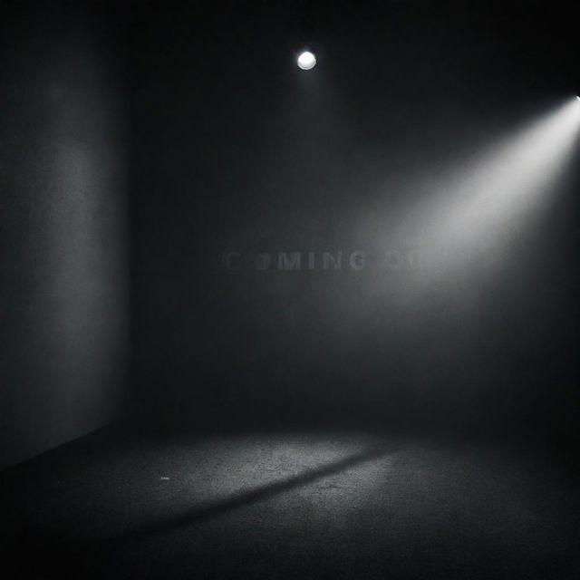 A dramatic, cinematic 'Coming Soon' teaser poster with intriguing shadows and bright spotlights.