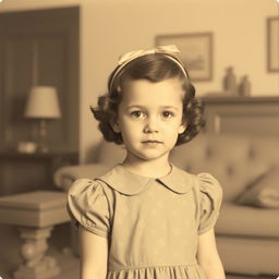 A 1940s vintage portrait of a young girl, approximately seven years old