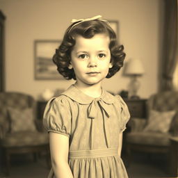 A 1940s vintage portrait of a young girl, approximately seven years old