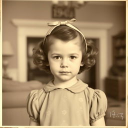 A 1940s vintage portrait of a young girl, approximately seven years old