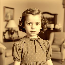 A 1940s vintage portrait of a young girl, approximately seven years old