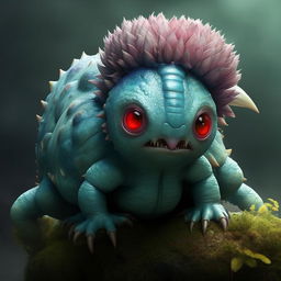 Create a lifelike image of a small quadruped with teal-blue skin, prominent red eyes and a large bulbous plant growing on its back that promises a future blooming flower.