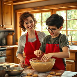 A wholesome and warm scene depicting a mother and her teenage son in a cozy kitchen, baking cookies together