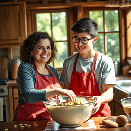 A wholesome and warm scene depicting a mother and her teenage son in a cozy kitchen, baking cookies together