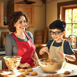 A wholesome and warm scene depicting a mother and her teenage son in a cozy kitchen, baking cookies together