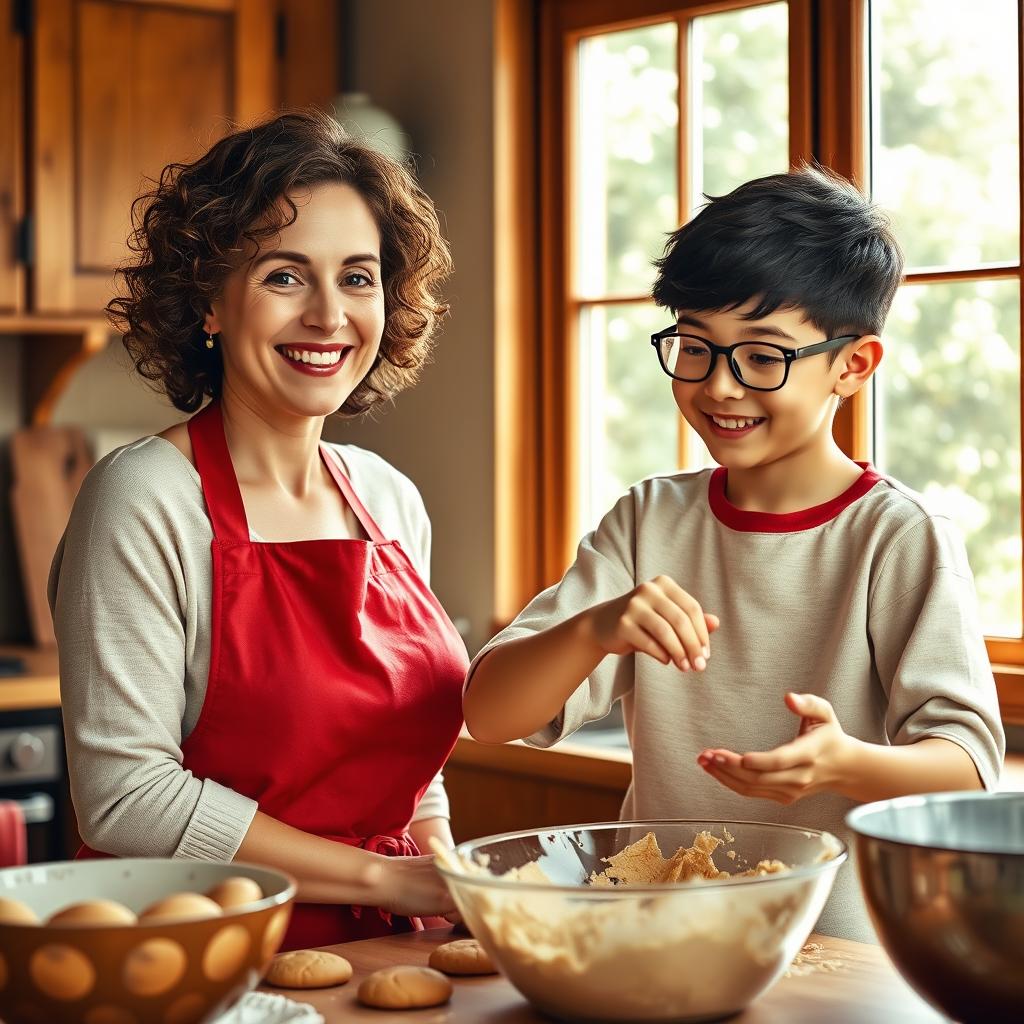 A wholesome and warm scene depicting a mother and her teenage son in a cozy kitchen, baking cookies together