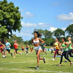 Diverse group of athletes engaging in various physical activities on a large sports field