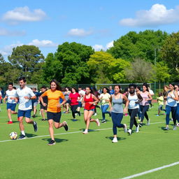 Diverse group of athletes engaging in various physical activities on a large sports field