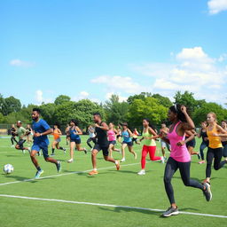 Diverse group of athletes engaging in various physical activities on a large sports field