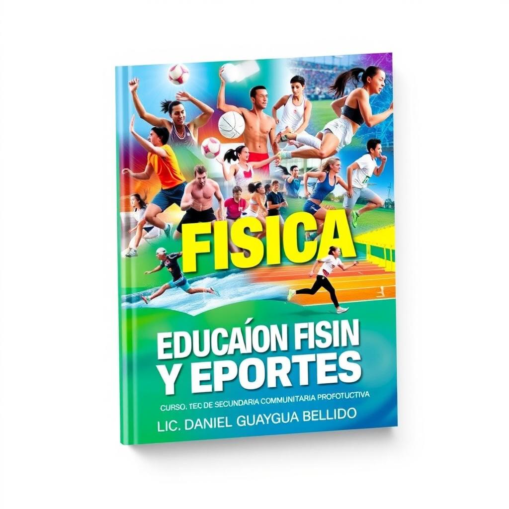 A vibrant and dynamic book cover dedicated to physical education and sports, titled 'EDUCACION FISICA Y DEPORTES