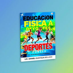 A vibrant and dynamic book cover dedicated to physical education and sports, titled 'EDUCACION FISICA Y DEPORTES