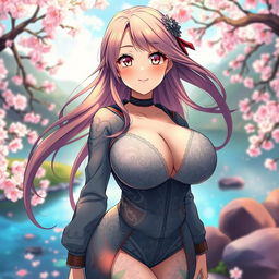 An anime-style image featuring a voluptuous woman with large breasts