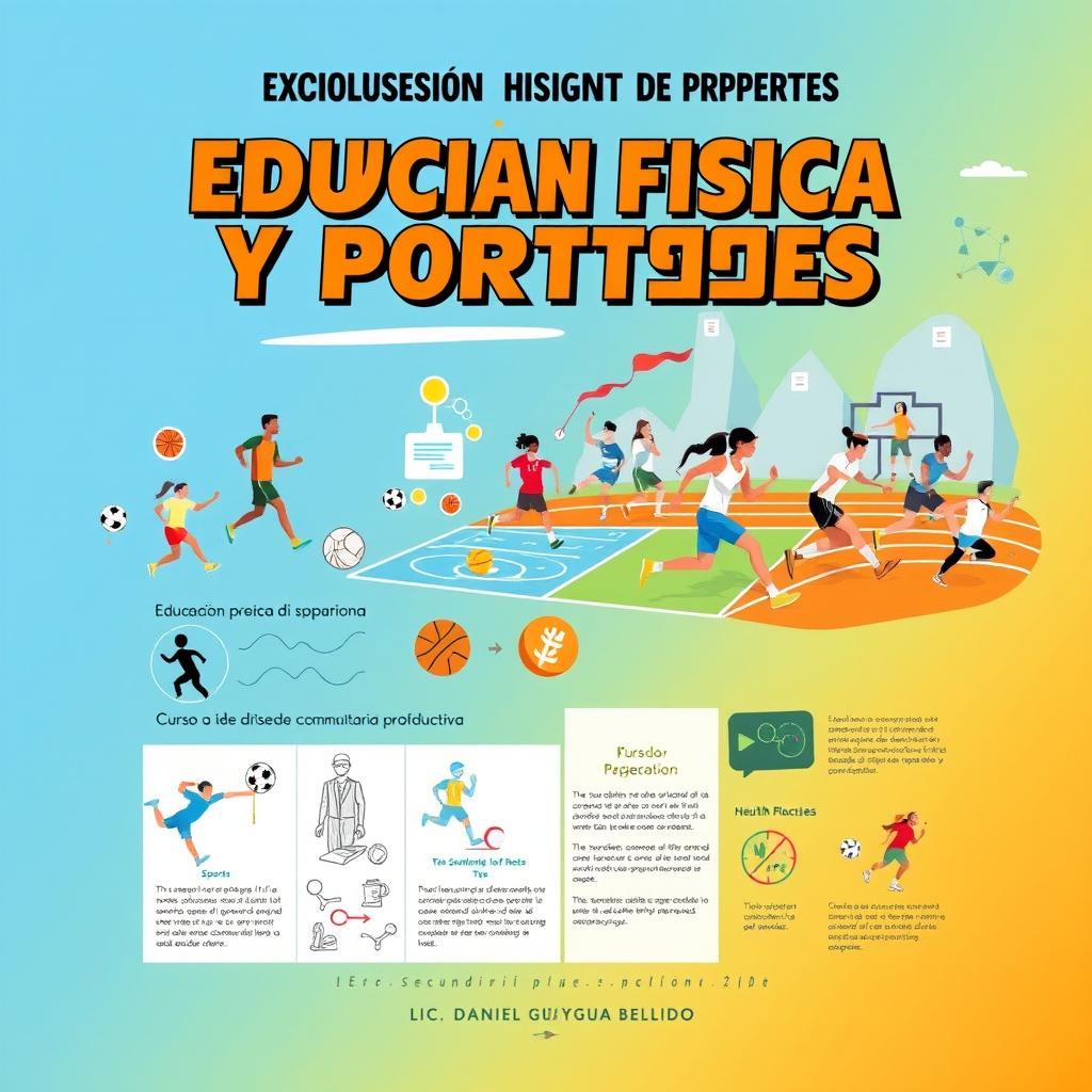 An engaging and comprehensive full-page design focused on physical education and sports, titled 'EDUCACIÓN FÍSICA Y DEPORTES