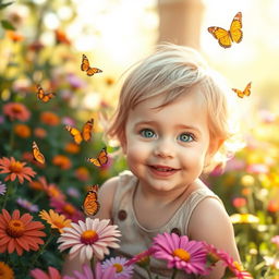 A charming young child with bright green eyes, playfully smiling while sitting in a sunny garden filled with colorful flowers