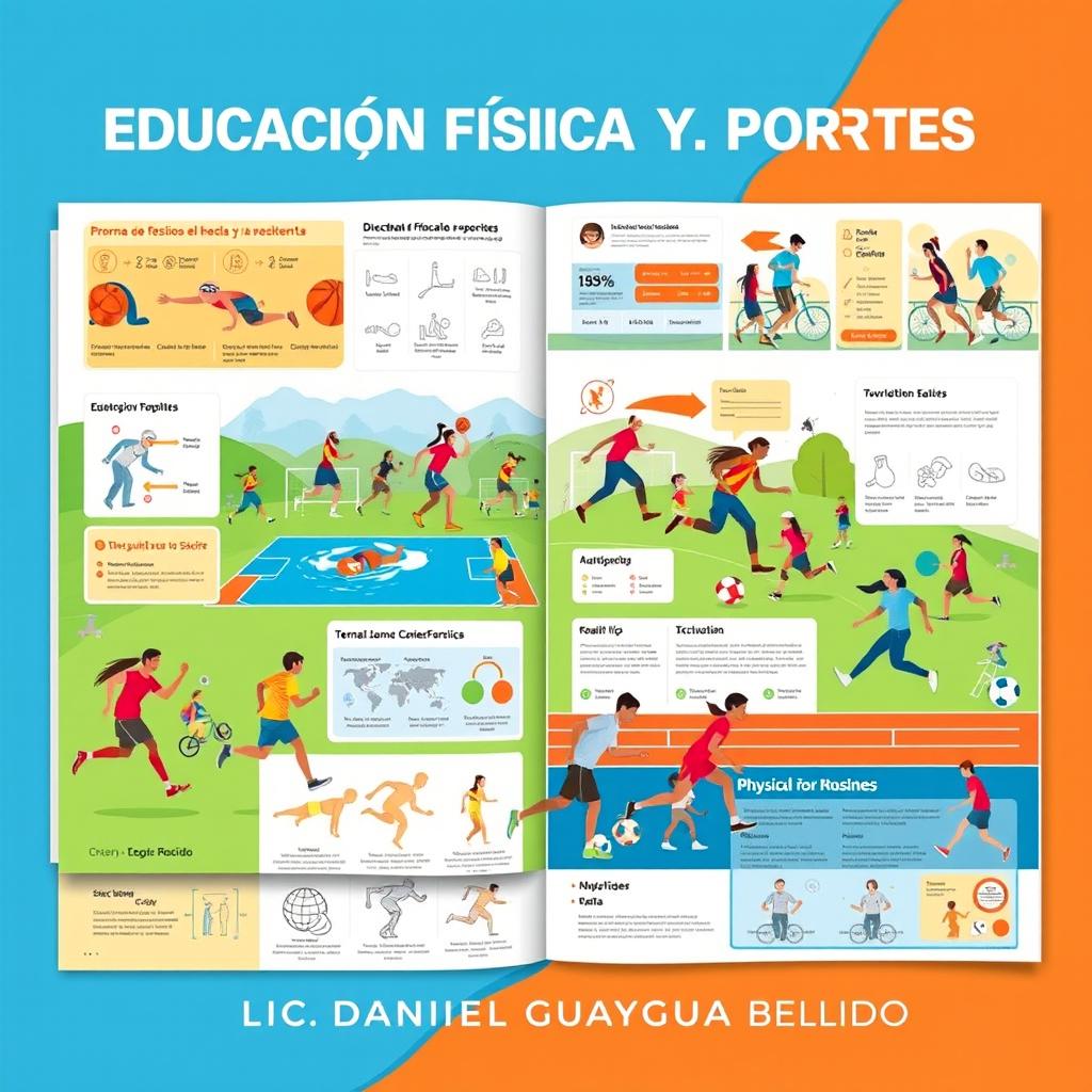 An engaging and comprehensive full-page design focused on physical education and sports, titled 'EDUCACIÓN FÍSICA Y DEPORTES