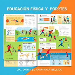 An engaging and comprehensive full-page design focused on physical education and sports, titled 'EDUCACIÓN FÍSICA Y DEPORTES