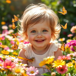 A charming young child with bright green eyes, playfully smiling while sitting in a sunny garden filled with colorful flowers