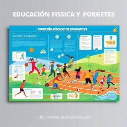 An engaging and comprehensive full-page design focused on physical education and sports, titled 'EDUCACIÓN FÍSICA Y DEPORTES