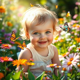 A charming young child with bright green eyes, playfully smiling while sitting in a sunny garden filled with colorful flowers