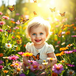 A charming young child with bright green eyes, playfully smiling while sitting in a sunny garden filled with colorful flowers