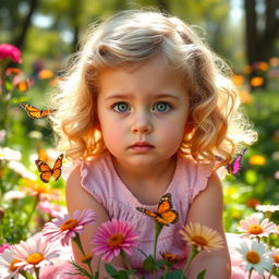 A 3-year-old girl with blonde curls and striking green eyes, sitting quietly in a sunny garden