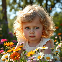 A 3-year-old girl with blonde curls and striking green eyes, sitting quietly in a sunny garden