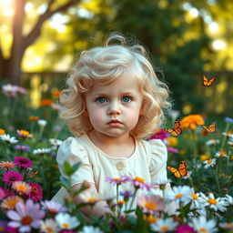 A 3-year-old girl with blonde curls and striking green eyes, sitting quietly in a sunny garden