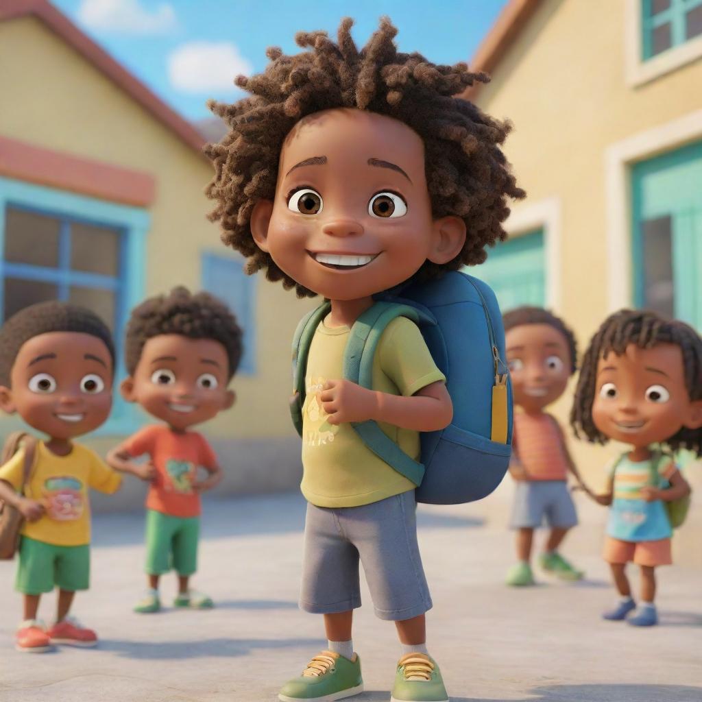 A Pixar-style animated image of a beaming Jamaican toddler Rasta boy standing in front of his preschool with a backpack. Other children are playing happily in the background