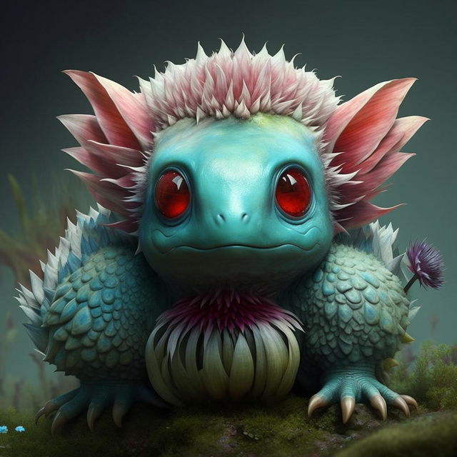 Create a lifelike image of a small quadruped with teal-blue skin, prominent red eyes and a large bulbous plant growing on its back that promises a future blooming flower.