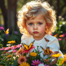 A 3-year-old girl with blonde curls and striking green eyes, sitting quietly in a sunny garden