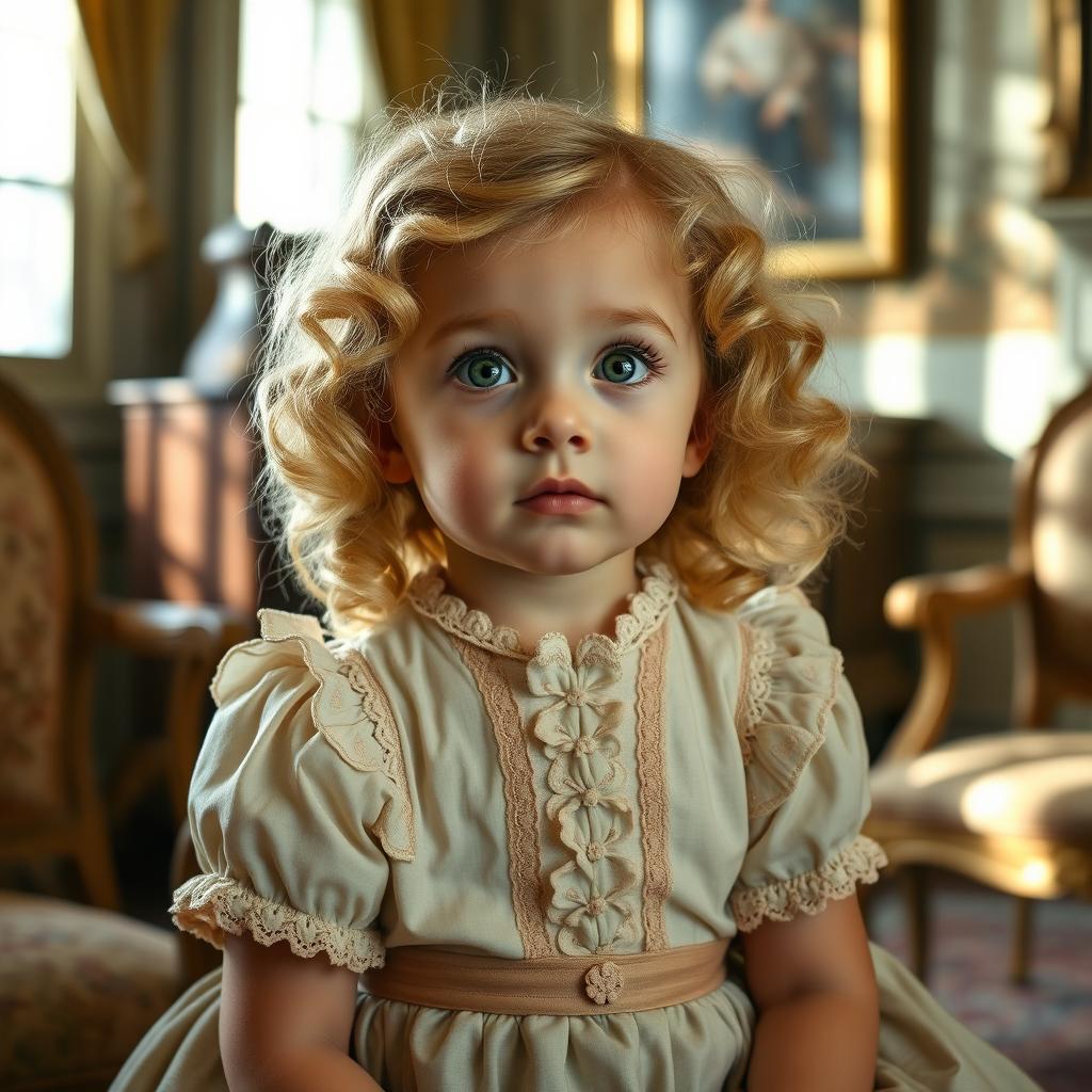 A 3-year-old girl with blonde curls and striking green eyes, wearing a classic 1700s-style dress with delicate lace trimmings and pastel colors