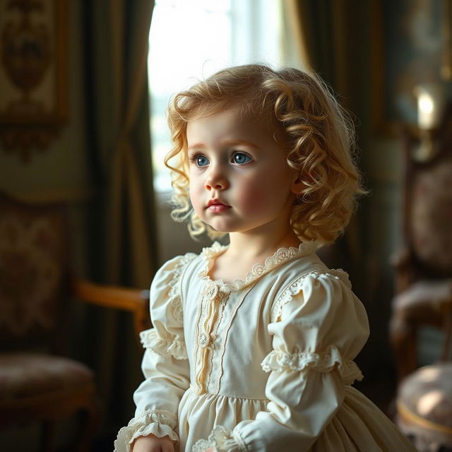 A 3-year-old girl with blonde curls and striking green eyes, wearing a classic 1700s-style dress with delicate lace trimmings and pastel colors