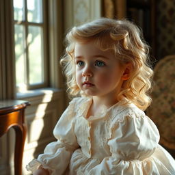 A 3-year-old girl with blonde curls and striking green eyes, wearing a classic 1700s-style dress with delicate lace trimmings and pastel colors