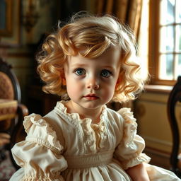 A 3-year-old girl with blonde curls and striking green eyes, wearing a classic 1700s-style dress with delicate lace trimmings and pastel colors